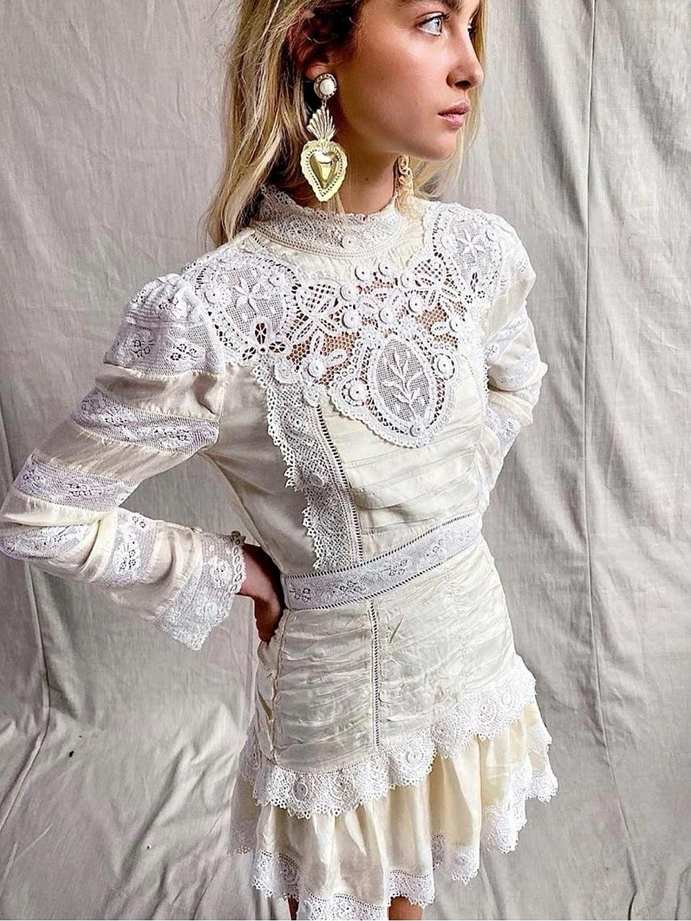 LOVESHACKFANCY Helena Dress Floral Lace Midi Dress White Small